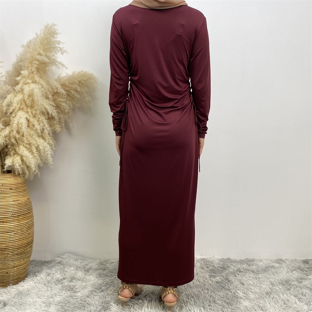 Muslim Dubai Arab solid-color long-sleeved dress for women with a drawstring base layer on the side