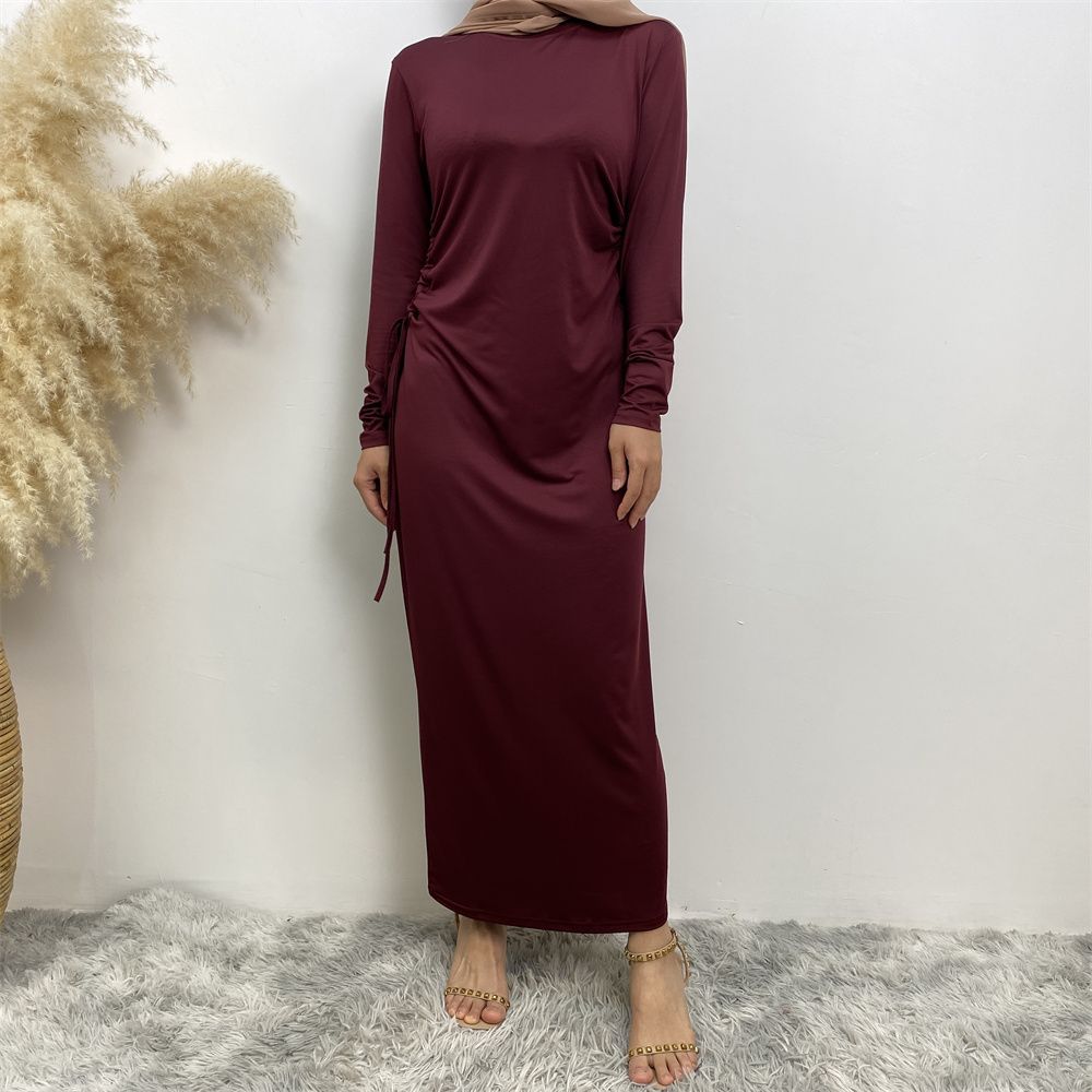Muslim Dubai Arab solid-color long-sleeved dress for women with a drawstring base layer on the side