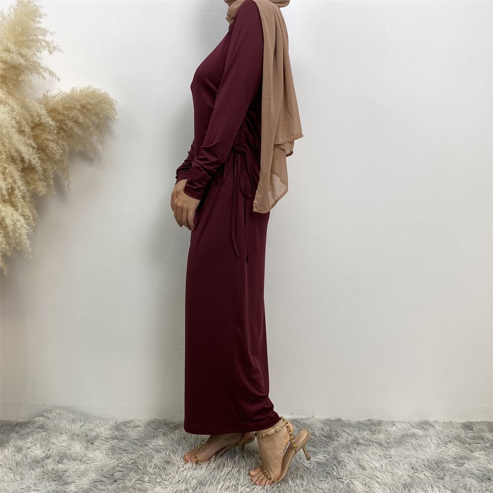 Muslim Dubai Arab solid-color long-sleeved dress for women with a drawstring base layer on the side