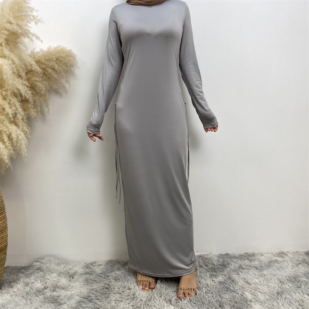 Muslim Dubai Arab solid-color long-sleeved dress for women with a drawstring base layer on the side
