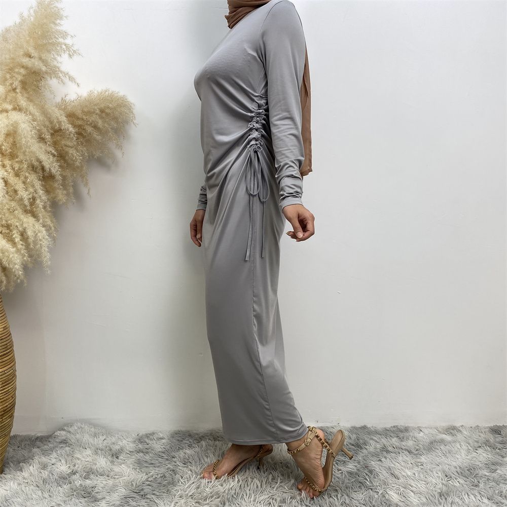 Muslim Dubai Arab solid-color long-sleeved dress for women with a drawstring base layer on the side
