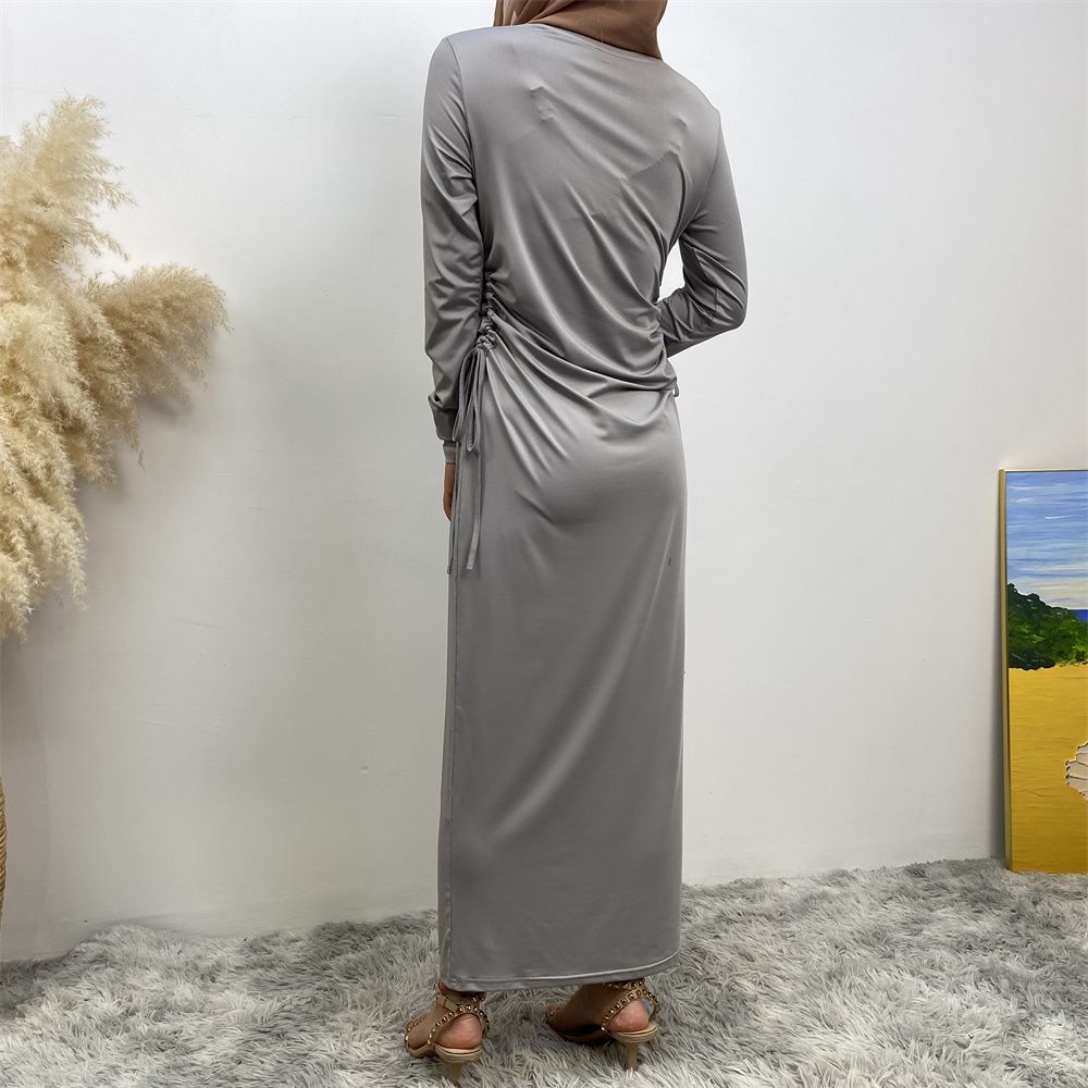 Muslim Dubai Arab solid-color long-sleeved dress for women with a drawstring base layer on the side