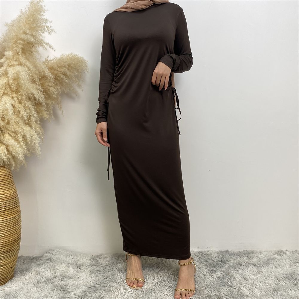 Muslim Dubai Arab solid-color long-sleeved dress for women with a drawstring base layer on the side