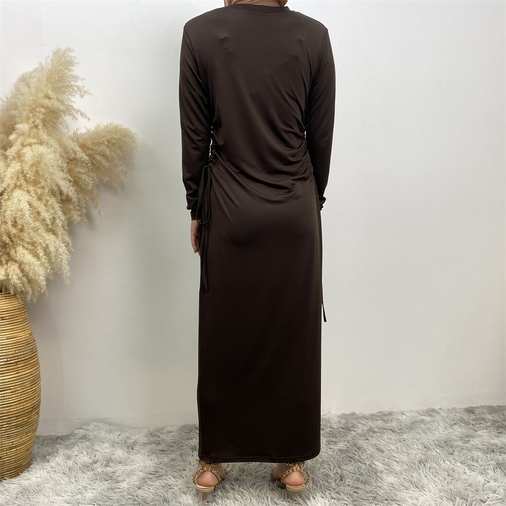 Muslim Dubai Arab solid-color long-sleeved dress for women with a drawstring base layer on the side
