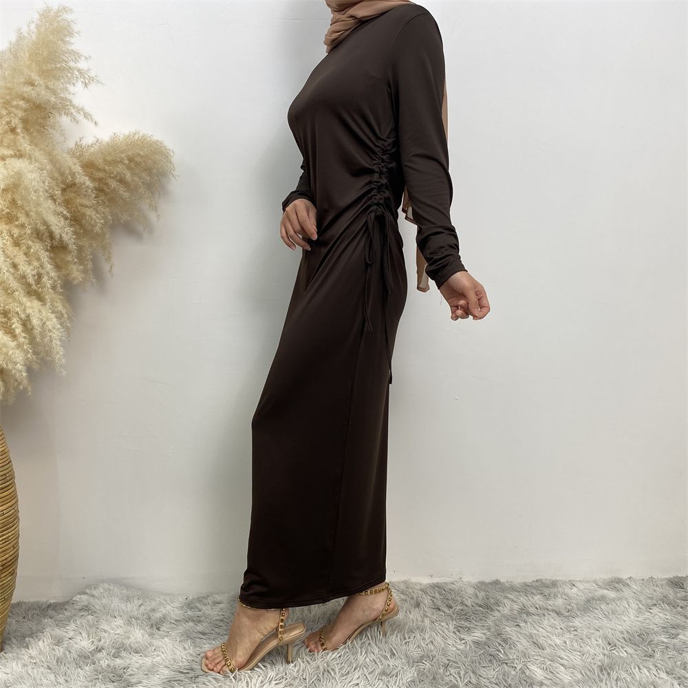 Muslim Dubai Arab solid-color long-sleeved dress for women with a drawstring base layer on the side
