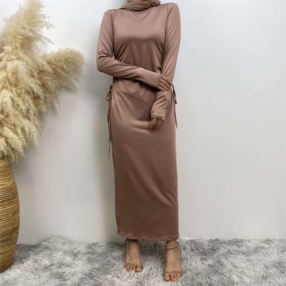 Muslim Dubai Arab solid-color long-sleeved dress for women with a drawstring base layer on the side