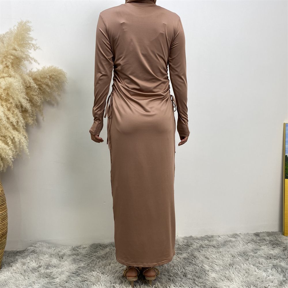 Muslim Dubai Arab solid-color long-sleeved dress for women with a drawstring base layer on the side