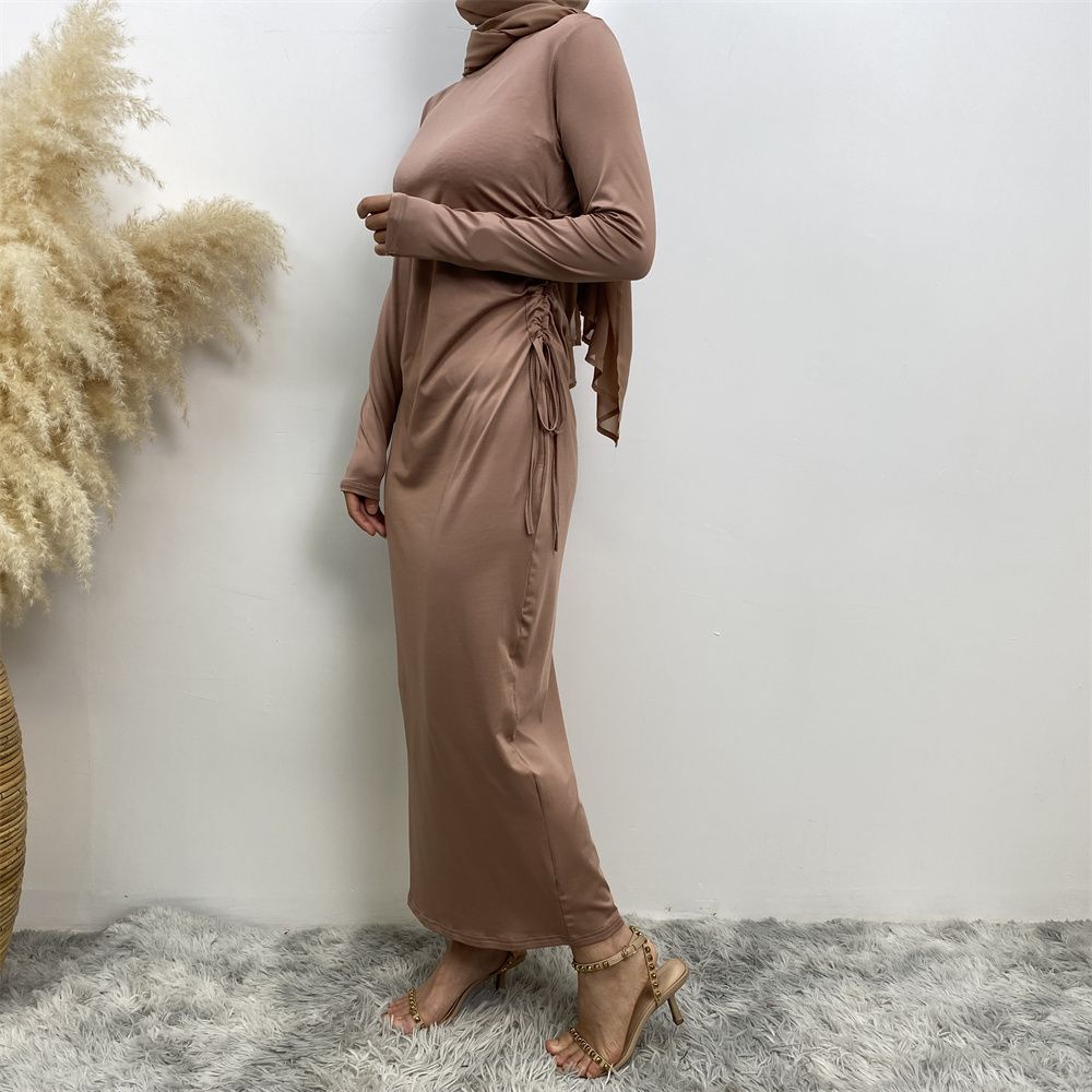 Muslim Dubai Arab solid-color long-sleeved dress for women with a drawstring base layer on the side
