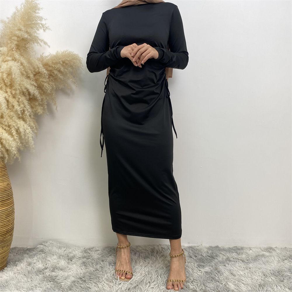 Muslim Dubai Arab solid-color long-sleeved dress for women with a drawstring base layer on the side