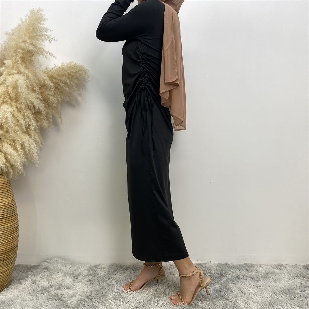 Muslim Dubai Arab solid-color long-sleeved dress for women with a drawstring base layer on the side
