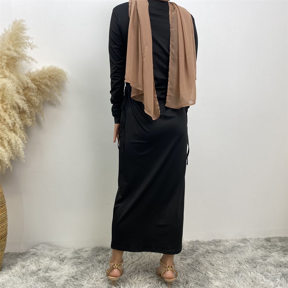 Muslim Dubai Arab solid-color long-sleeved dress for women with a drawstring base layer on the side