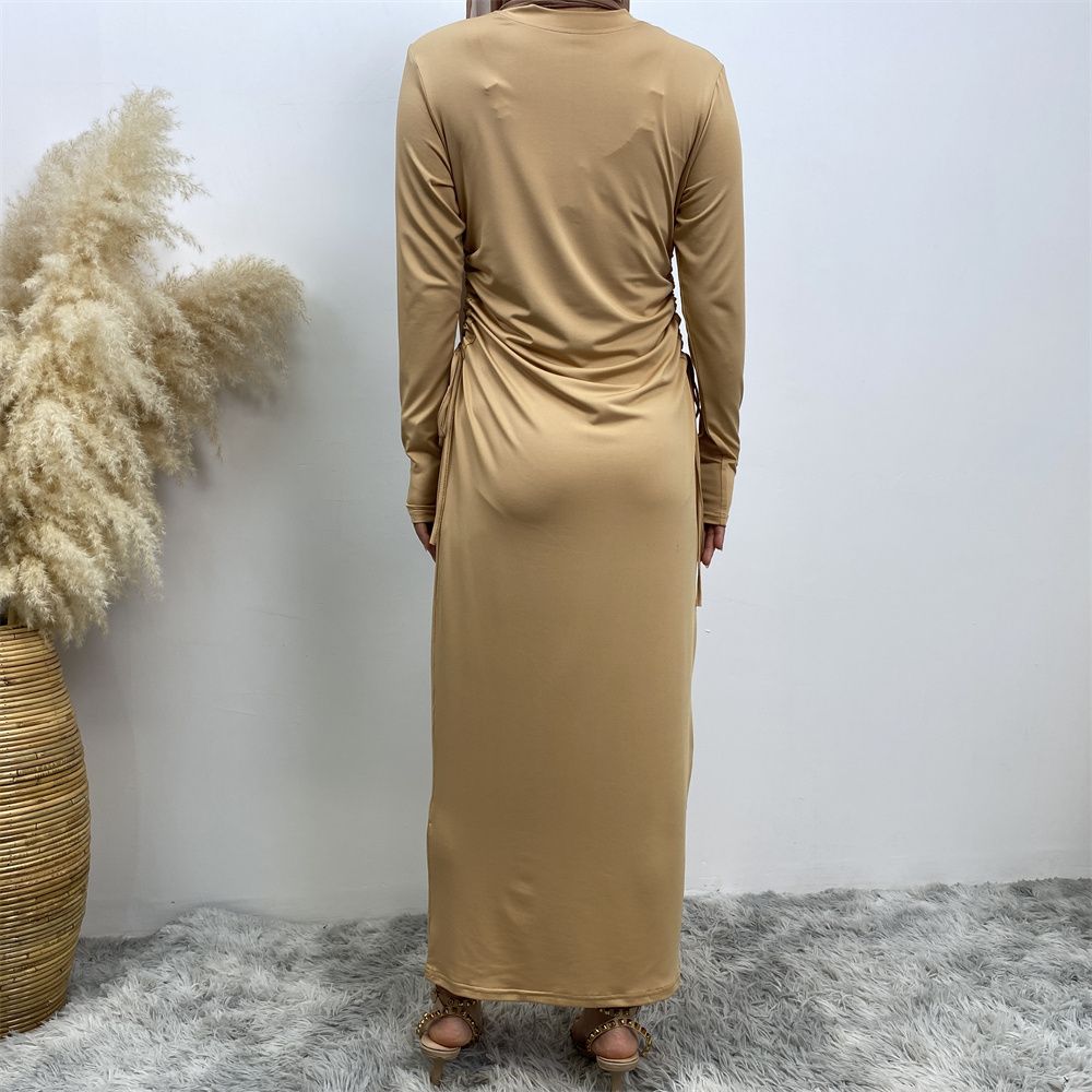 Muslim Dubai Arab solid-color long-sleeved dress for women with a drawstring base layer on the side