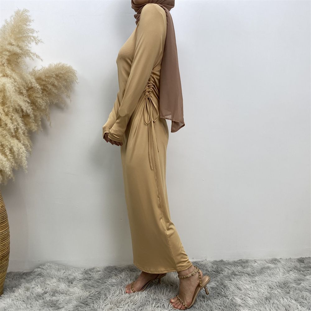 Muslim Dubai Arab solid-color long-sleeved dress for women with a drawstring base layer on the side