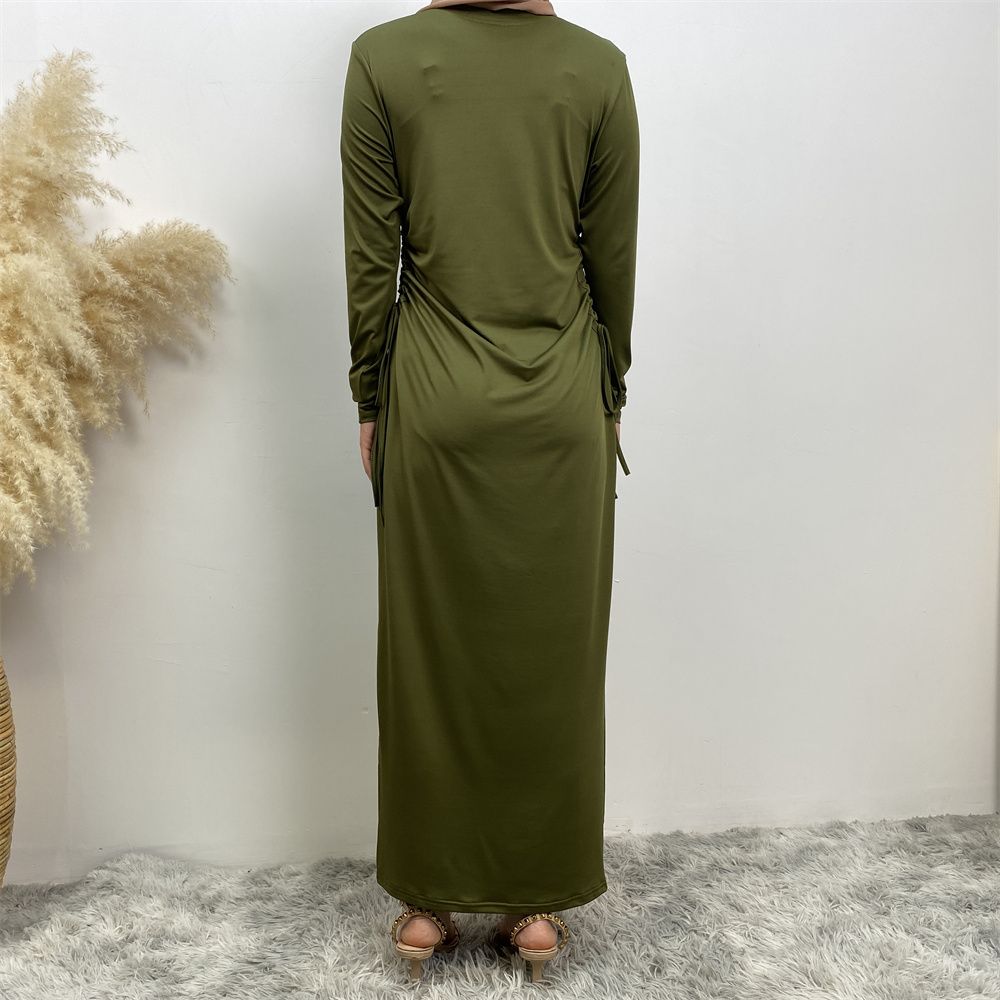 Muslim Dubai Arab solid-color long-sleeved dress for women with a drawstring base layer on the side