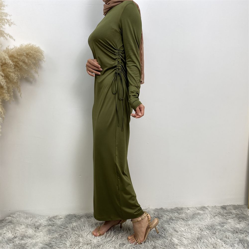 Muslim Dubai Arab solid-color long-sleeved dress for women with a drawstring base layer on the side
