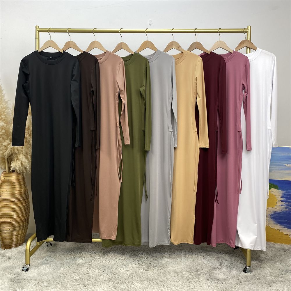 Muslim Dubai Arab solid-color long-sleeved dress for women with a drawstring base layer on the side