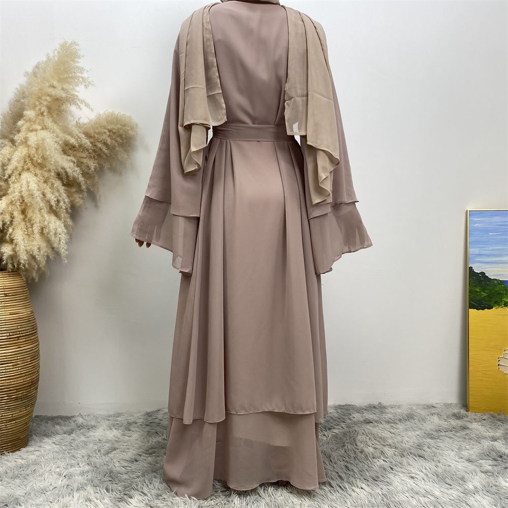 A new solid-color Arab robe from the Middle East for Muslims, a fashionable Muslim cardigan chiffon robe dress from Dubai