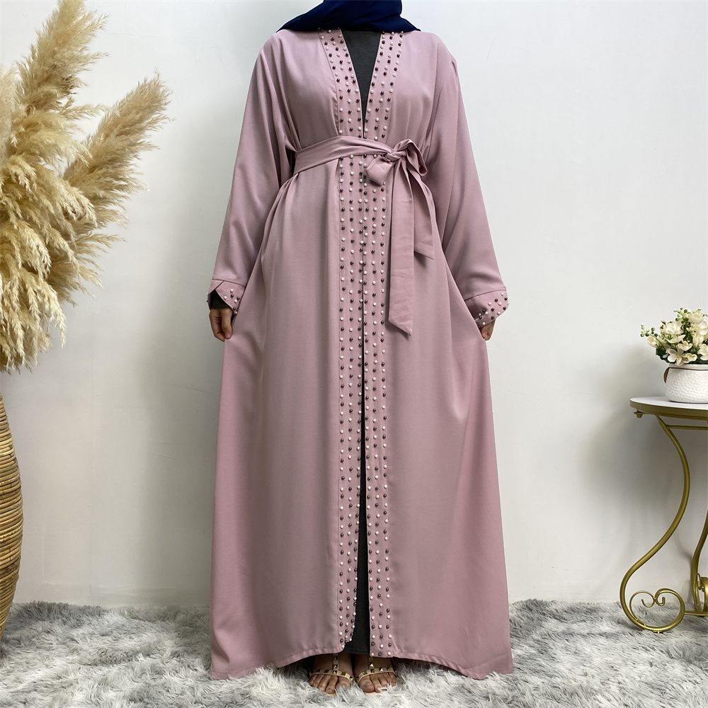 Dubai, Arab, Turkish, Middle Eastern fashion, elegant, solid color beaded, Muslim, lace-up cardigan dress, robe