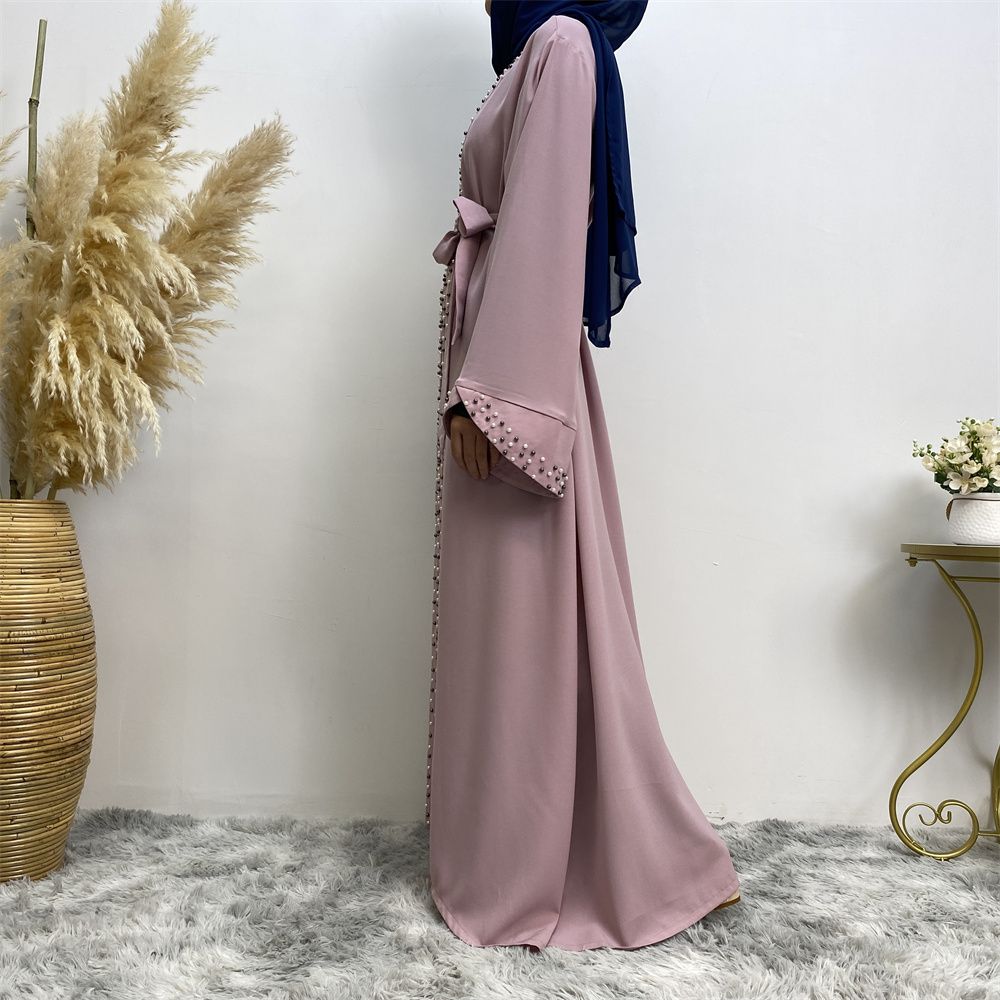 Dubai, Arab, Turkish, Middle Eastern fashion, elegant, solid color beaded, Muslim, lace-up cardigan dress, robe