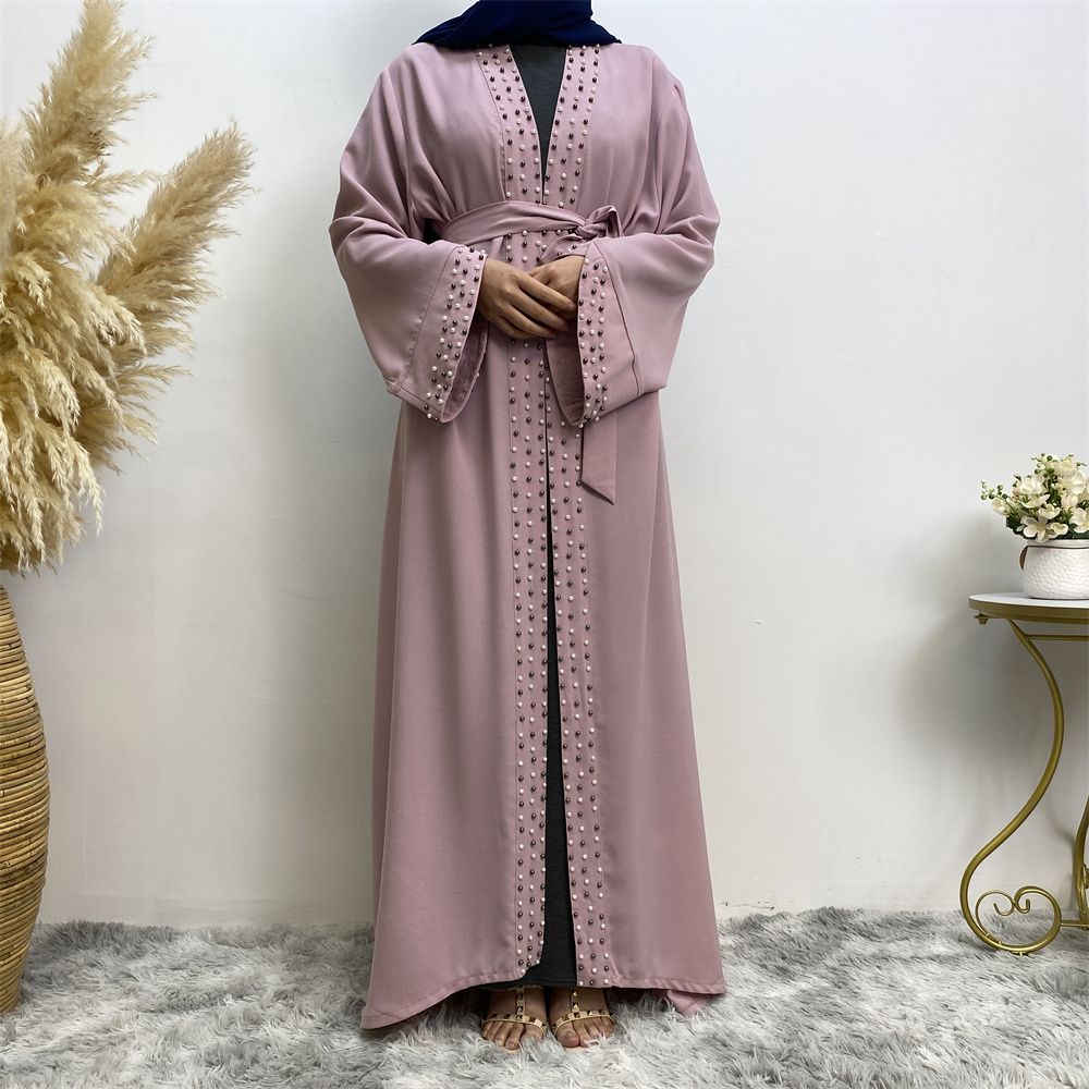 Dubai, Arab, Turkish, Middle Eastern fashion, elegant, solid color beaded, Muslim, lace-up cardigan dress, robe