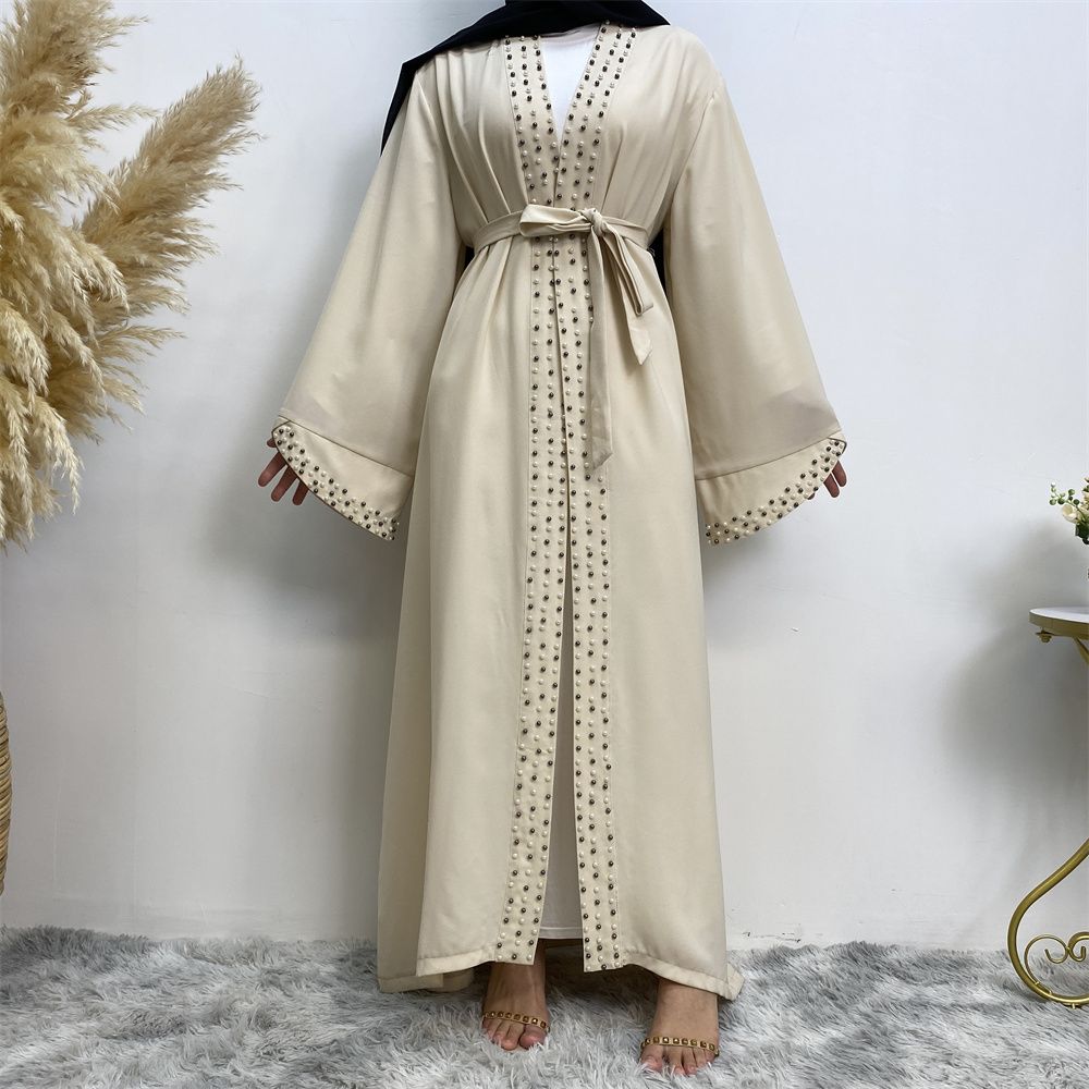 Dubai, Arab, Turkish, Middle Eastern fashion, elegant, solid color beaded, Muslim, lace-up cardigan dress, robe