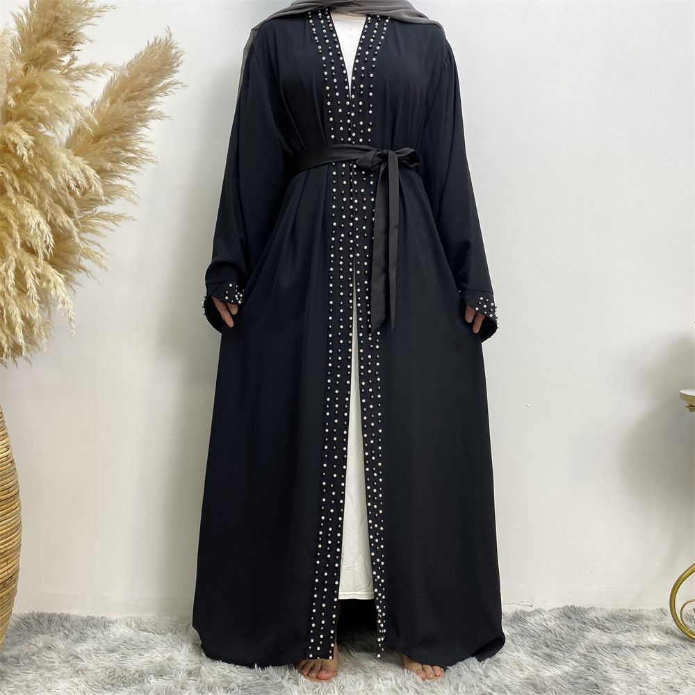 Dubai, Arab, Turkish, Middle Eastern fashion, elegant, solid color beaded, Muslim, lace-up cardigan dress, robe
