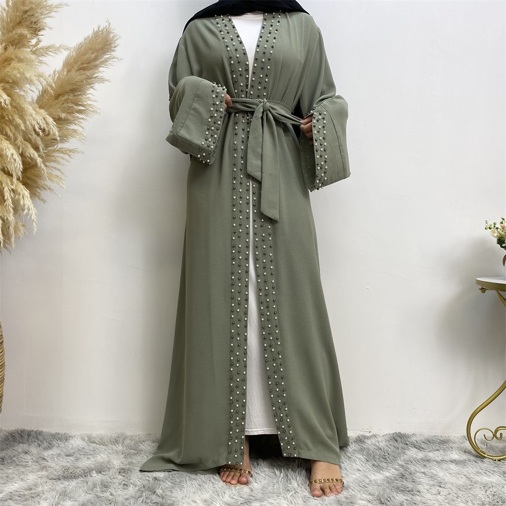 Dubai, Arab, Turkish, Middle Eastern fashion, elegant, solid color beaded, Muslim, lace-up cardigan dress, robe