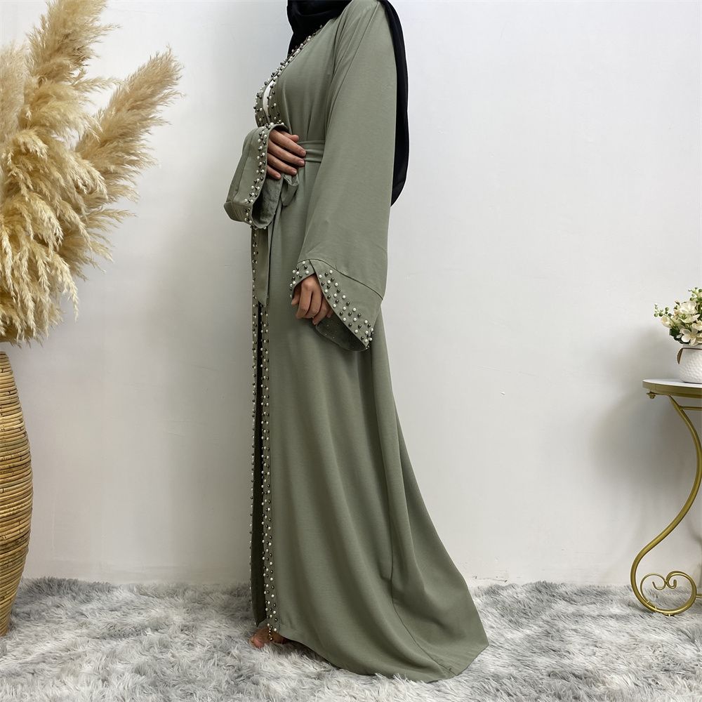Dubai, Arab, Turkish, Middle Eastern fashion, elegant, solid color beaded, Muslim, lace-up cardigan dress, robe