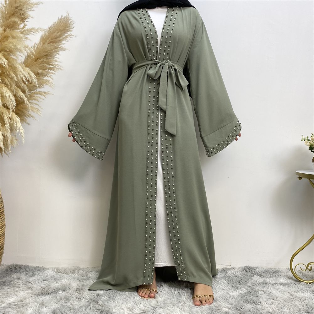 Dubai, Arab, Turkish, Middle Eastern fashion, elegant, solid color beaded, Muslim, lace-up cardigan dress, robe