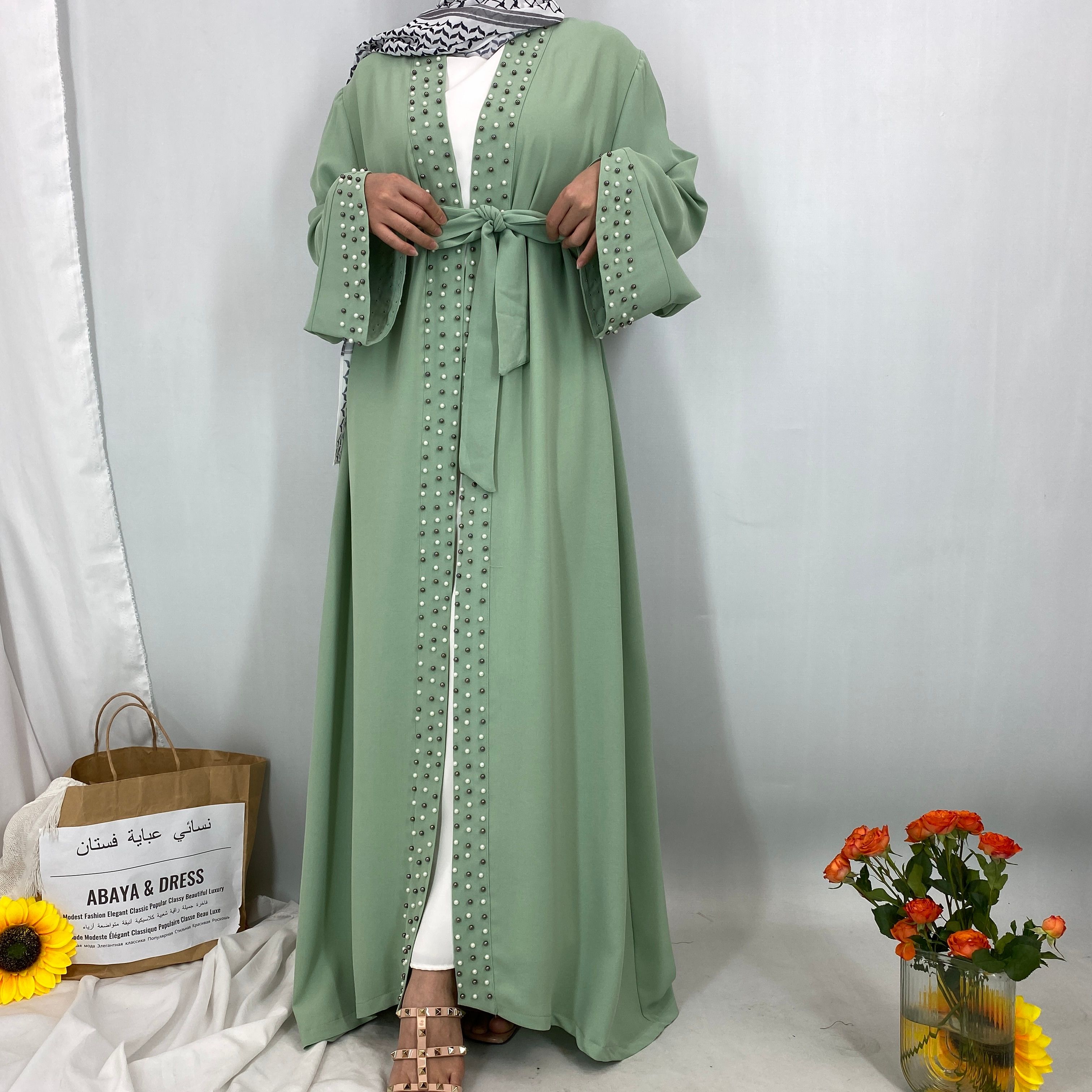 Dubai, Arab, Turkish, Middle Eastern fashion, elegant, solid color beaded, Muslim, lace-up cardigan dress, robe