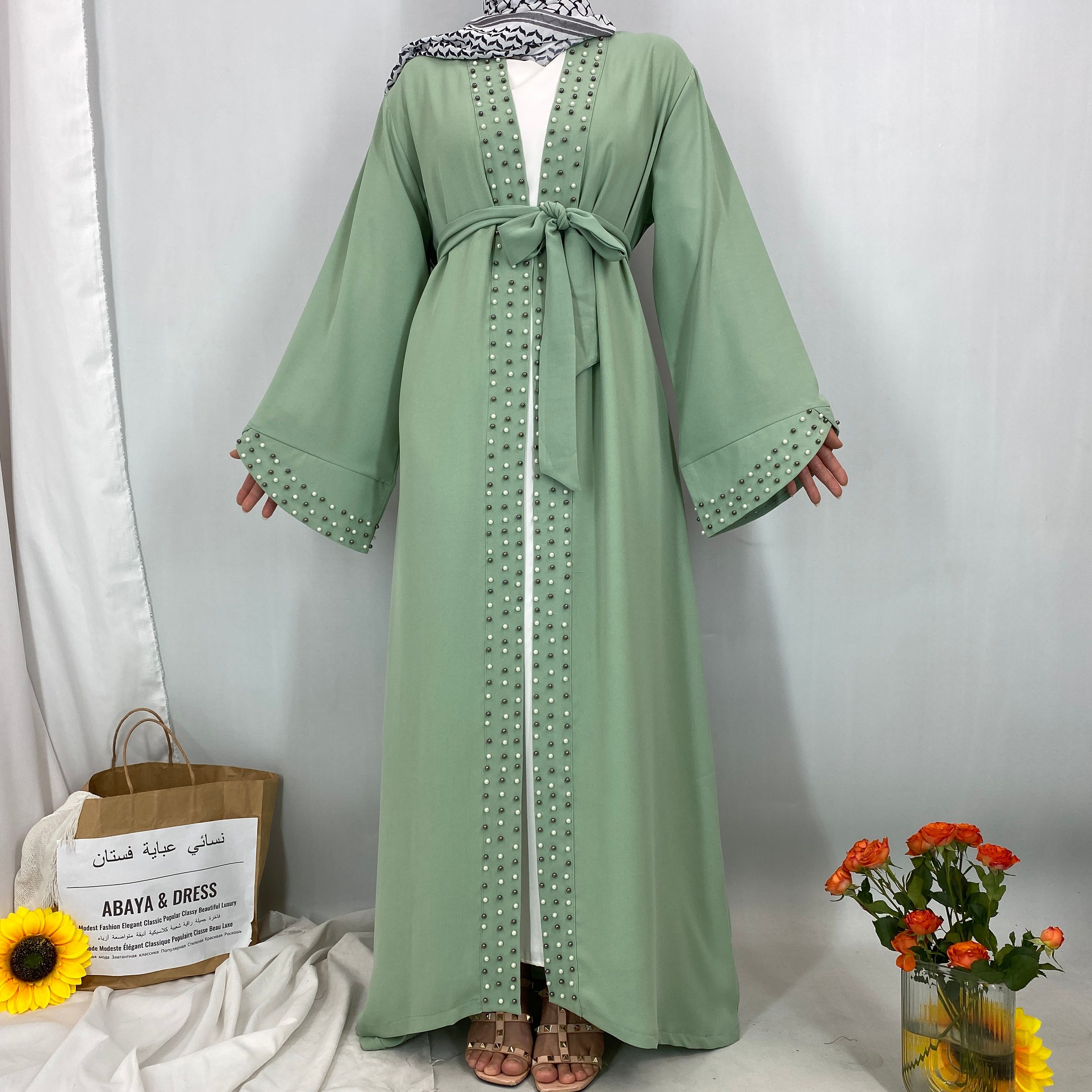 Dubai, Arab, Turkish, Middle Eastern fashion, elegant, solid color beaded, Muslim, lace-up cardigan dress, robe