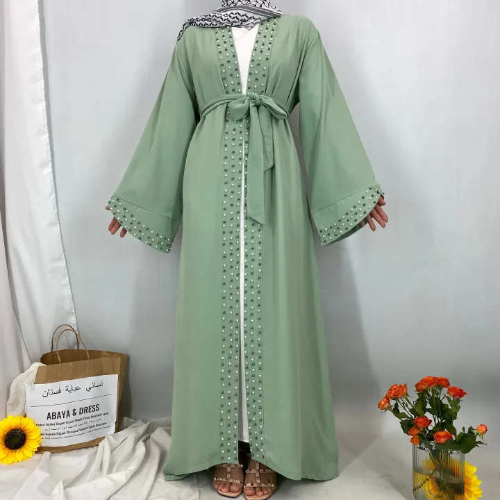 Dubai, Arab, Turkish, Middle Eastern fashion, elegant, solid color beaded, Muslim, lace-up cardigan dress, robe
