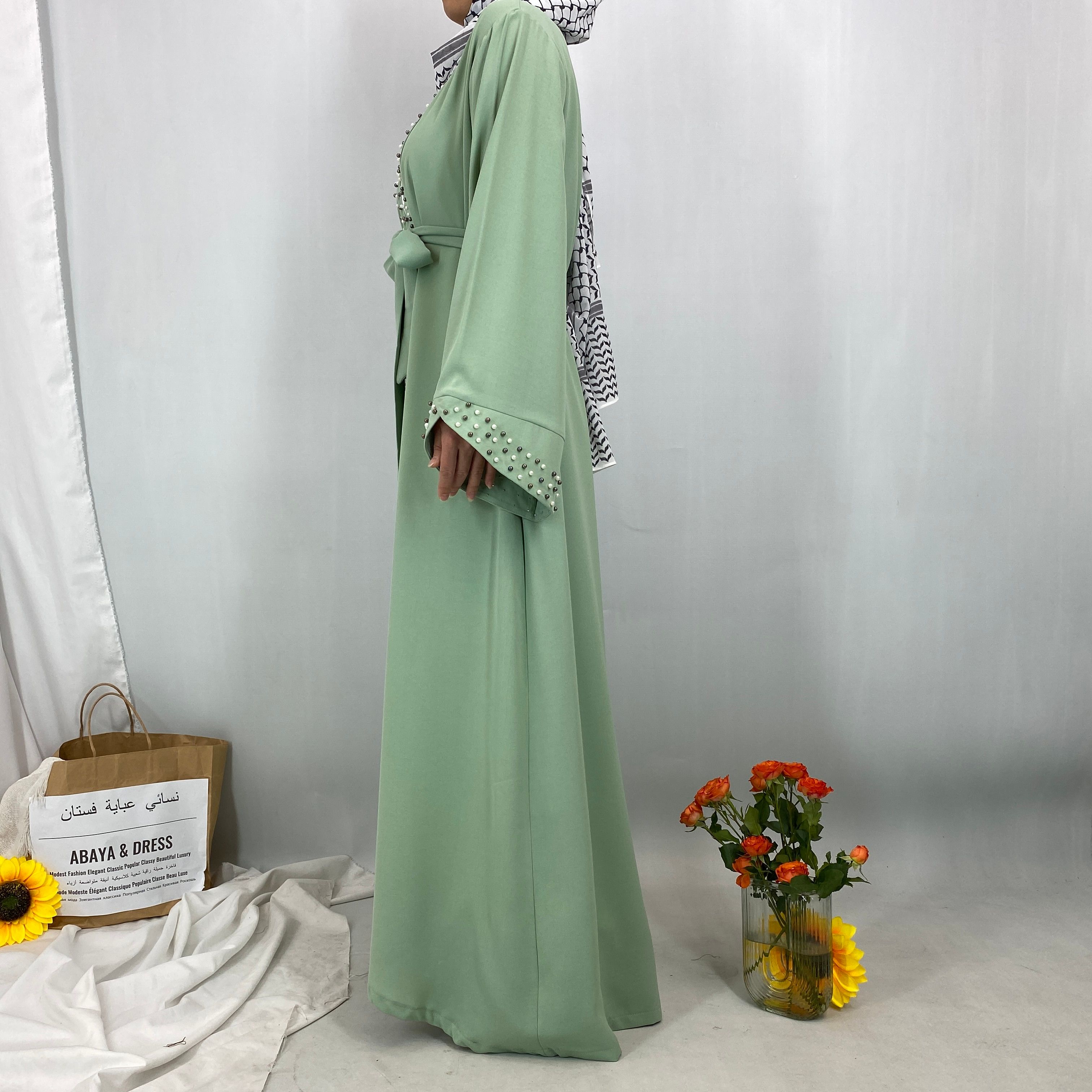 Dubai, Arab, Turkish, Middle Eastern fashion, elegant, solid color beaded, Muslim, lace-up cardigan dress, robe