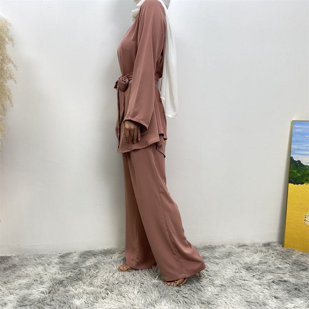 Middle Eastern fashion women's wear, simple wide-leg pants, Muslim lace-up suit, Islamic elegance suit