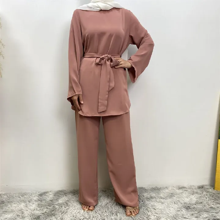Middle Eastern fashion women's wear, simple wide-leg pants, Muslim lace-up suit, Islamic elegance suit