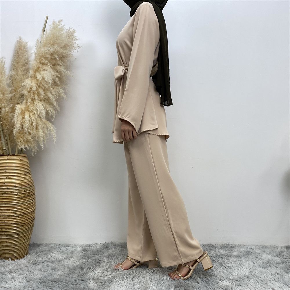 Middle Eastern fashion women's wear, simple wide-leg pants, Muslim lace-up suit, Islamic elegance suit