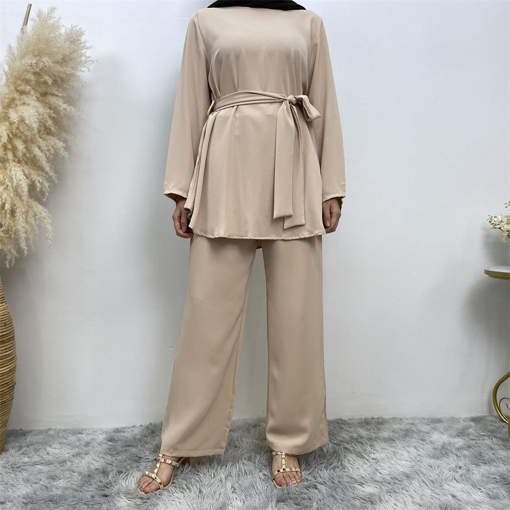 Middle Eastern fashion women's wear, simple wide-leg pants, Muslim lace-up suit, Islamic elegance suit