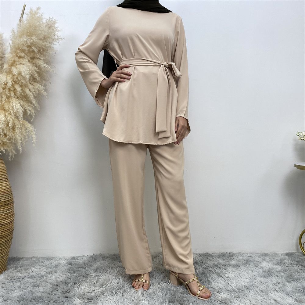Middle Eastern fashion women's wear, simple wide-leg pants, Muslim lace-up suit, Islamic elegance suit