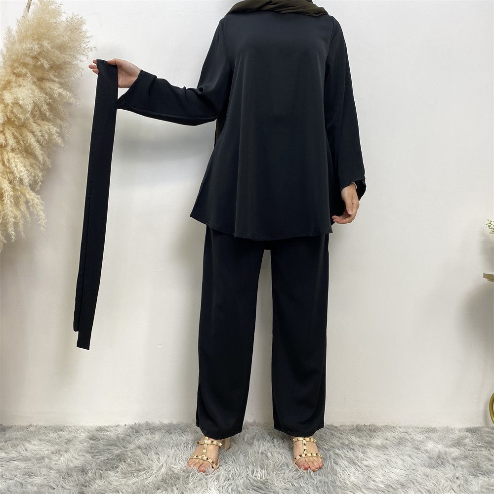 Middle Eastern fashion women's wear, simple wide-leg pants, Muslim lace-up suit, Islamic elegance suit