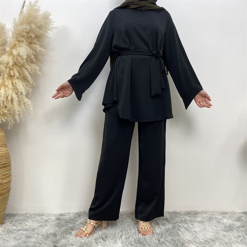 Middle Eastern fashion women's wear, simple wide-leg pants, Muslim lace-up suit, Islamic elegance suit