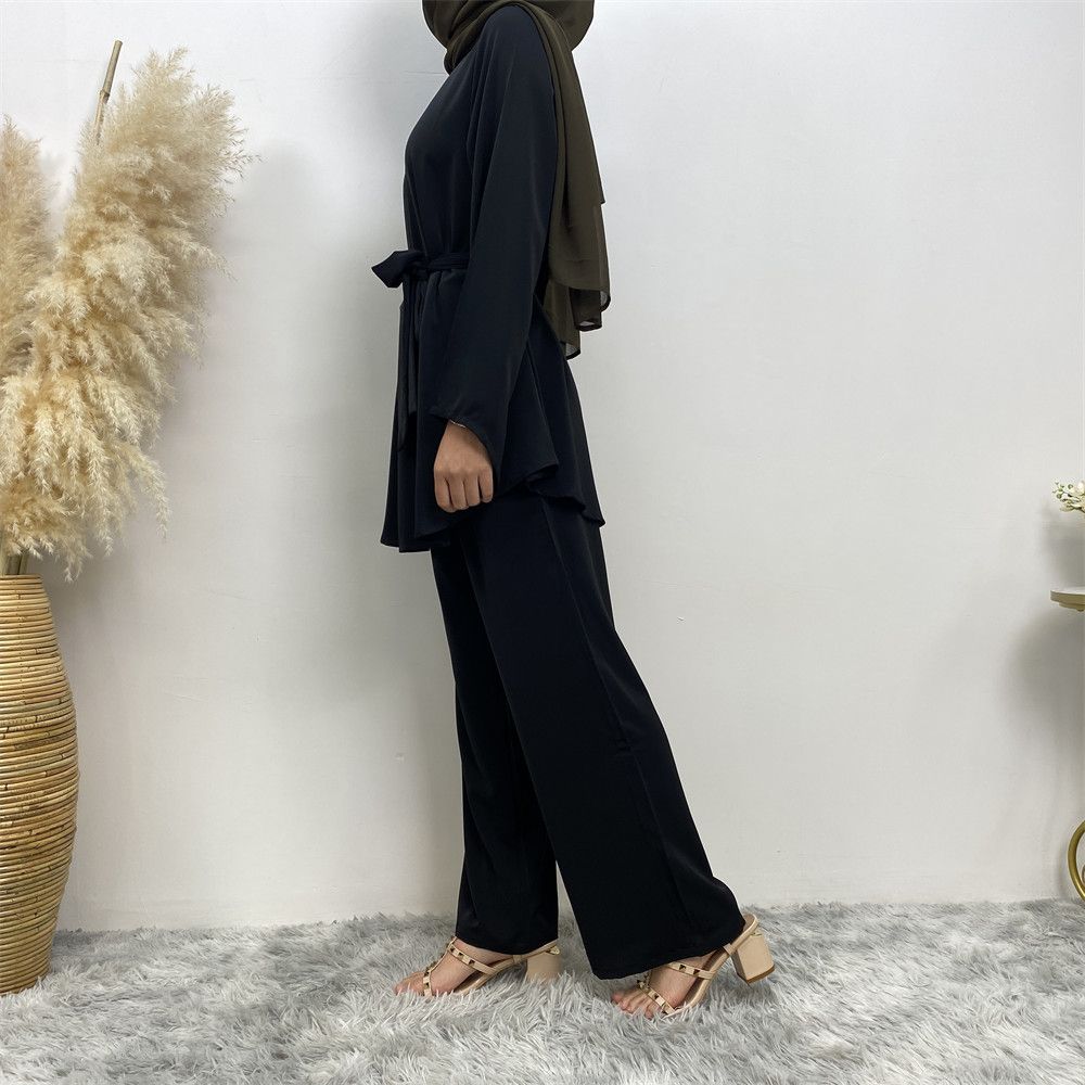 Middle Eastern fashion women's wear, simple wide-leg pants, Muslim lace-up suit, Islamic elegance suit