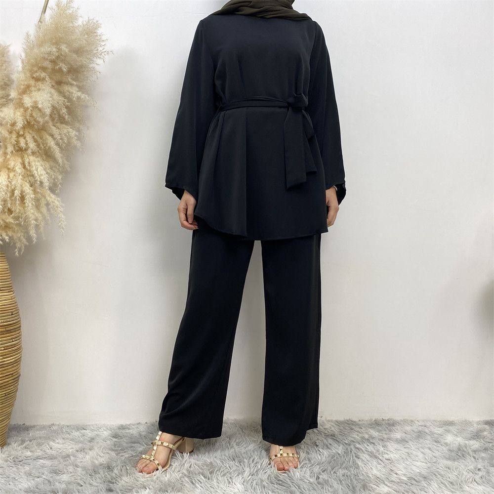 Middle Eastern fashion women's wear, simple wide-leg pants, Muslim lace-up suit, Islamic elegance suit