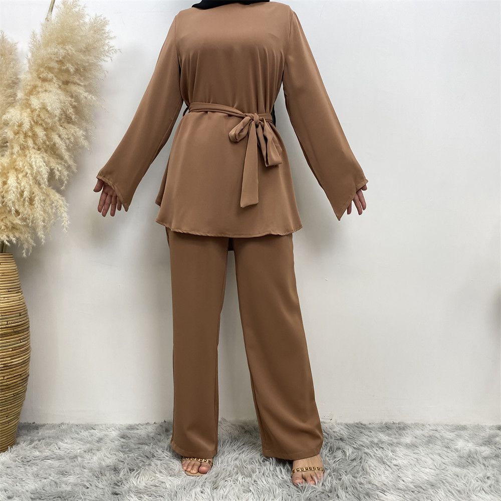 Middle Eastern fashion women's wear, simple wide-leg pants, Muslim lace-up suit, Islamic elegance suit