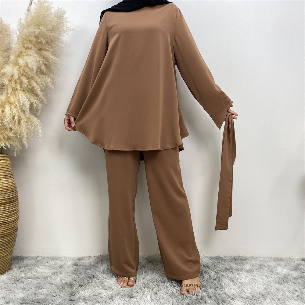 Middle Eastern fashion women's wear, simple wide-leg pants, Muslim lace-up suit, Islamic elegance suit