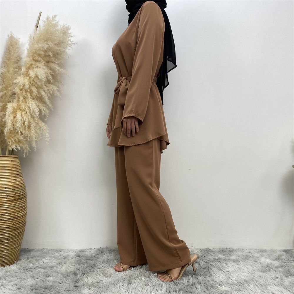 Middle Eastern fashion women's wear, simple wide-leg pants, Muslim lace-up suit, Islamic elegance suit