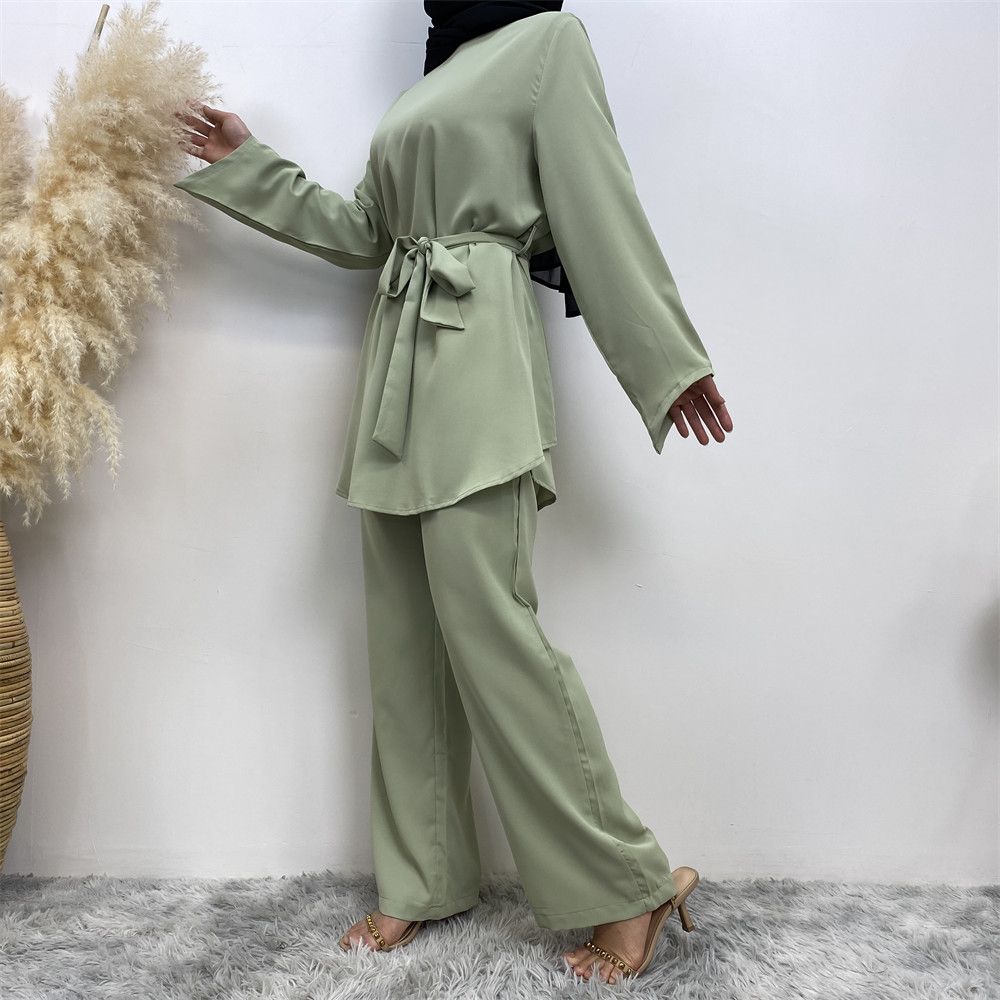 Middle Eastern fashion women's wear, simple wide-leg pants, Muslim lace-up suit, Islamic elegance suit