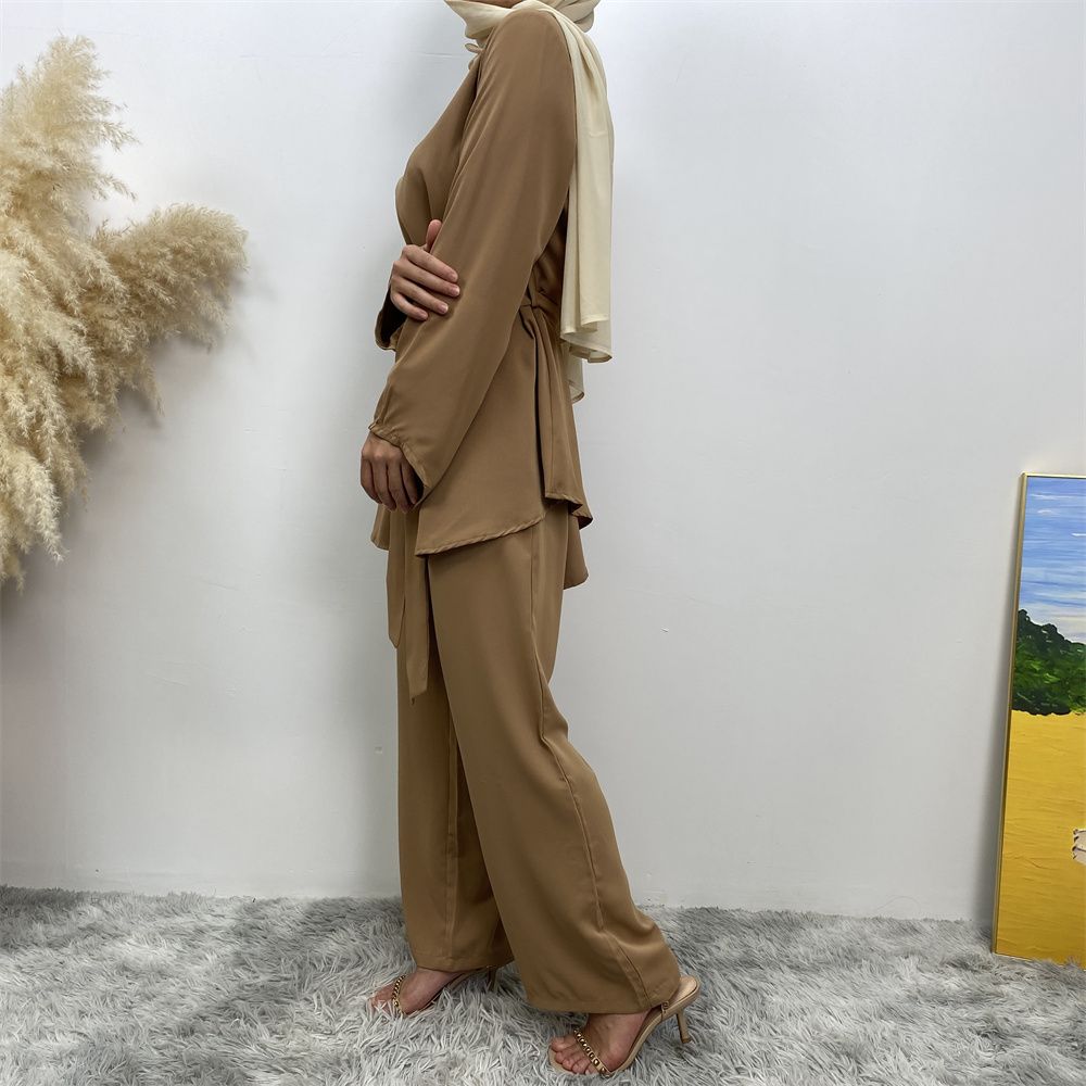 Middle Eastern fashion women's wear, simple wide-leg pants, Muslim lace-up suit, Islamic elegance suit