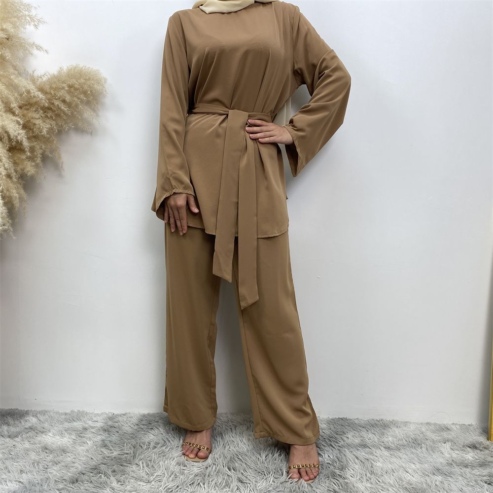 Middle Eastern fashion women's wear, simple wide-leg pants, Muslim lace-up suit, Islamic elegance suit