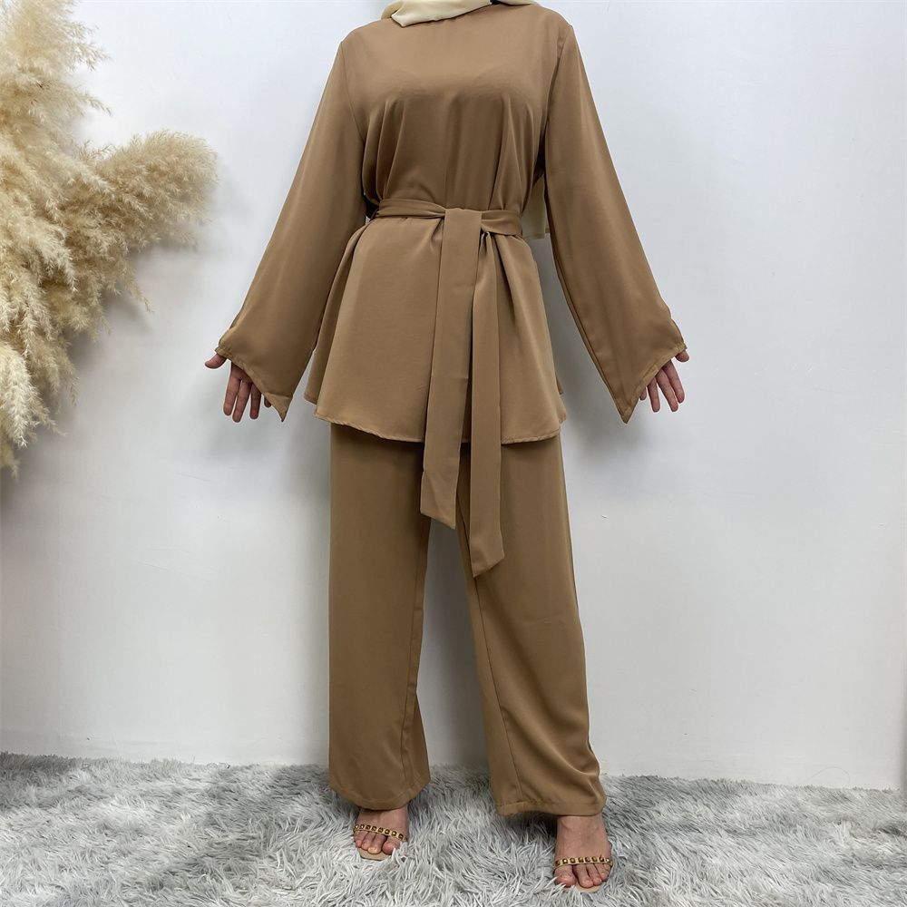 Middle Eastern fashion women's wear, simple wide-leg pants, Muslim lace-up suit, Islamic elegance suit