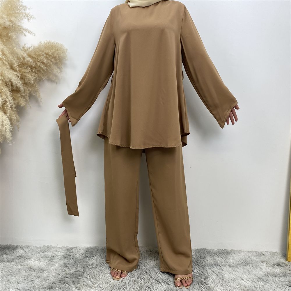 Middle Eastern fashion women's wear, simple wide-leg pants, Muslim lace-up suit, Islamic elegance suit